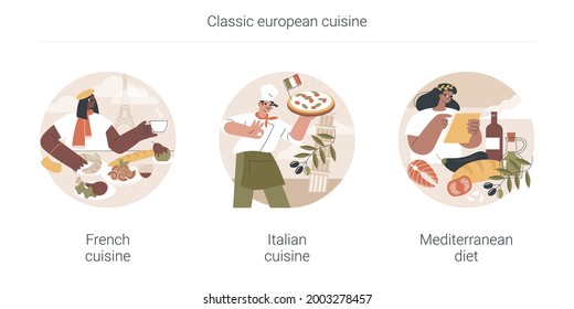 Classic european cuisine abstract concept vector illustration set. French and Italian cuisine, Mediterranean diet, fine dining restaurant, spaghetti recipe, healthy diet, gourmet abstract metaphor.