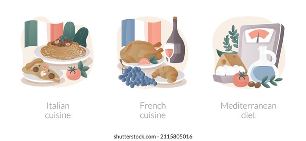 Classic european cuisine abstract concept vector illustration set. French and Italian cuisine, Mediterranean diet, fine dining restaurant, spaghetti recipe, healthy diet, gourmet abstract metaphor.