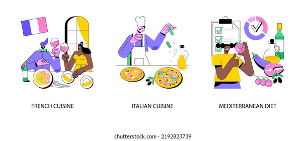 Classic european cuisine abstract concept vector illustration set. French and Italian cuisine, Mediterranean diet, fine dining restaurant, spaghetti recipe, healthy diet, gourmet abstract metaphor.