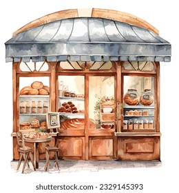 classic european french parisian bakery store front in watercolor illustration