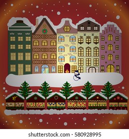 Classic European houses landscape with Christmas holiday decorations. Winter day in cosy town street scene. Snowfall on Christmas eve. Vector illustration. Buildings and facades.