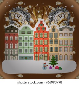 Classic European houses landscape with Christmas holiday decorations. Vector illustration. Snowfall on Christmas eve. Vector illustration. Buildings and facades. Winter day in cosy town street scene.