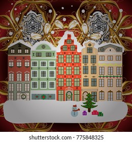 Classic European houses landscape with Christmas holiday decorations. Buildings and facades. Vector illustration. Snowfall on Christmas eve. Winter day in cosy town street scene. Vector illustration.