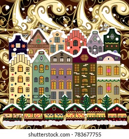 Classic European houses landscape with Christmas holiday decorations. Vector illustration. Snowfall on Christmas eve. Buildings and facades. Winter day in cosy town street scene. Vector illustration.