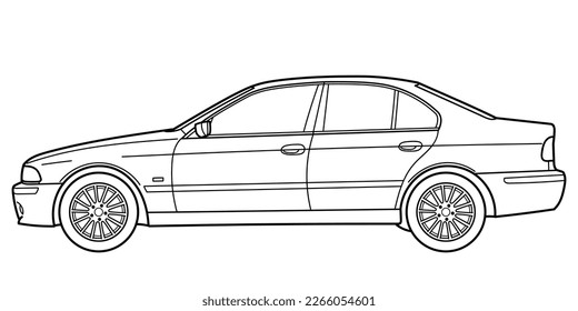 Classic executive sedan car. 5 door car on white background. Side view shot. Outline doodle vector illustration