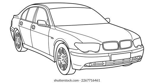 Classic executive sedan car. 5 door car on white background. Side view shot. Outline doodle vector illustration