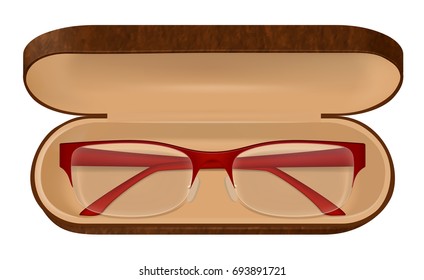 Classic eyeglasses with red frame in brown case on white background realistic vector illustration