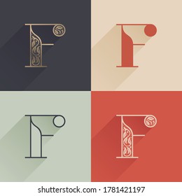 Classic F letter logo with premium decoration. Four style serif font set. Vector icon perfect to use in any alcohol labels, glamour posters, luxury identity, etc.