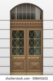 Classic facade with wooden door in a classic style. Vector graphics