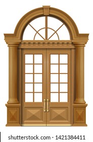 Classic Facade With Wooden Oak Door In A Classic Style. Vector Graphics