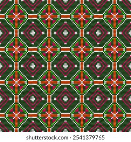 Een klassiek Fair Isle gebreid patroon met een herhalend motief van ingewikkelde sneeuwvlokken en geometrische vormen in traditionele kerstkleuren van groen, wit, rood en oranje. De gebreide textuur voegt diepte toe 