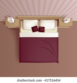 Classic family bedroom interior design with comfortable bed headboard pillows and nightstands top view realistic vector illustration 