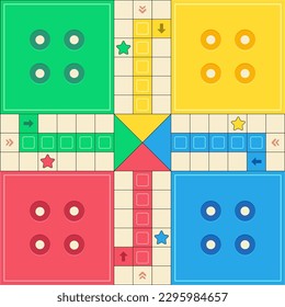 Classic family board game. Vector Ludo board family game. ludo's board game. Ludo game board design. Vector Ludo game's design. Ludo game's design. Retro design.