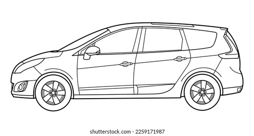 Classic family compact van car. Side view shot. Outline doodle vector illustration for your design - color book or print