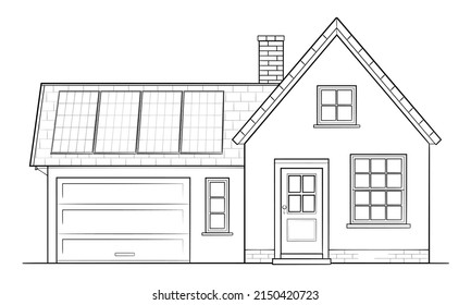 Classic family house with solar panel - stock outline illustration of a building