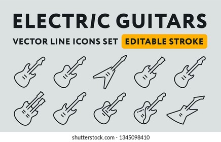 Classic Famous Electric Rock Guitar Bass. Vector Flat Line Icon Icon Set. Cute Small Pictogram. Editable Stroke.