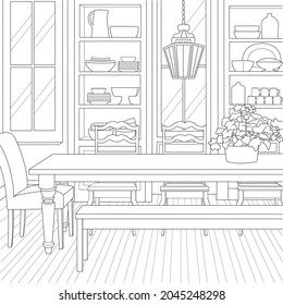 Classic Farm House Dining Room Vector Line Art