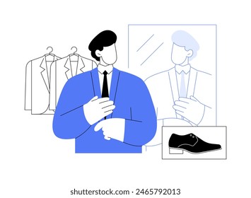 Classic fashion isolated cartoon vector illustrations. Man in classic elegant suit looking in the mirror, try on new clothes and accessories, consumerism idea, shopping mall day vector cartoon.