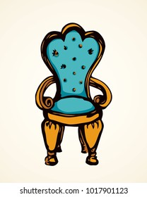 Classic fashion palace lux exquisite teal sit arm stool design on white room background. Bright blue color hand drawn logo sketchy in art retro doodle cartoon graphic style with space for text