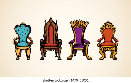 Classic fashion palace lux exquisite sit arm stool design set on white room background. Bright red, blue, purple color hand drawn logo sketchy in art retro doodle cartoon graphic style with text space