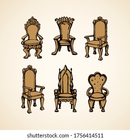 Classic fashion palace lux exquisite sit arm stool design on white background. Freehand line black ink hand drawn logo sketchy in art retro doodle cartoon graphic style pen on paper and space for text