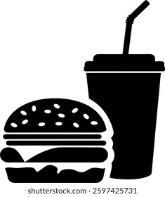 Classic fast food combo with burger and soft drink in silhouette style.