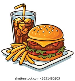 uma refeição clássica em combinação de fast food composta por um cheeseburger, batatas fritas e um refrigerante