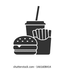 Classic fast food diner illustration. Junk food  silhouettes hamburger,  french fries and soft drink cup in flat style. Vector poster of unhealthy fast meal.