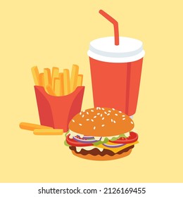 Classic fast food lunch. Paper cola cup, cheesburger and french fries isolated on white background. Vector illustration in cartoon flat style.