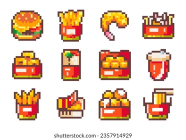 Classic Fast Food Pixel Art Set. Video Game Style 8 bit Collection. Pixel art Burger, French Fries, Fried Shrimp, Coleslaw Salad, Cheese balls, Sweet Potato, Cheese Sauce, Ramen Noodle, Nuggets, Roll.