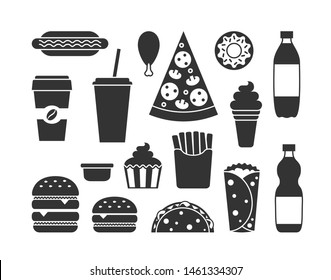 Classic fast food solid icons. Junk food silhouettes hamburger, hot-dog, pizza, taco, french fries, soft drink bottles, coffee cup, cupcake, taco, burrito, chiken in flat style. 