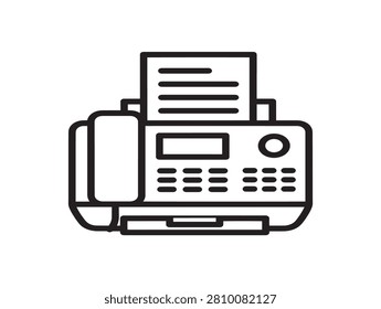 Classic fax machine sending documents. Office communication device with paper tray and keypad. Essential business equipment for document transmission.