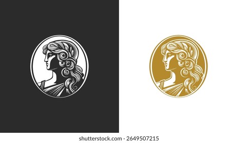 Classic female face in Greek style within an oval, evoking timeless grace. Suited for beauty, fashion, or artistic brands with a classic touch.