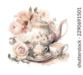 Classic feminine lady tea time with roses in watercolor