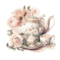 Classic Feminine Lady Tea Time With Roses In Watercolor