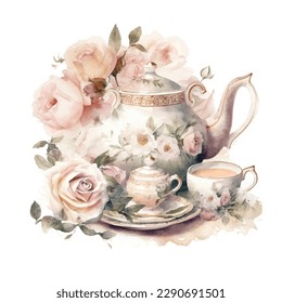 Classic feminine lady tea time with roses in watercolor