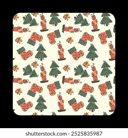 klassisches festliches Weihnachtsmuster mit warmen Farben von Weihnachtsbaumkerzen und Socken Designabdeckung