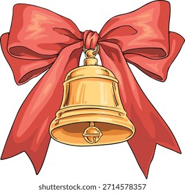 Una ilustración clásica y festiva con un Grande y hermoso lazo de raso rojo-rosa con una brillante campana de Navidades doradas colgando del centro. Perfecto para tarjetas de felicitación de vacaciones, etiquetas de regalo, Navidades.