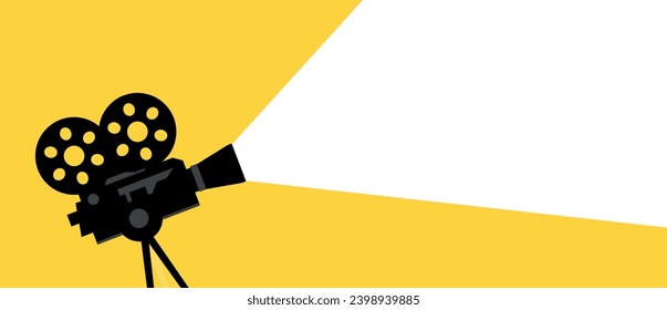 Classic film projector casting light on yellow background, cinema concept vector illustration