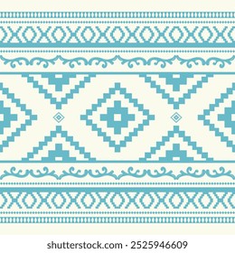 Classic Finely Blue Sky Ethnic Embroidery on Beige Background. Folk Motif Traditional Seamless Pattern Vector. Homespun Tribal illustration Fabrics, rug, wallpaper, boho, scrollwork, rug, elegant work