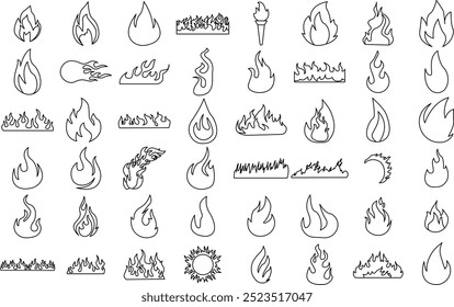 Classic fire flame tattoo icon set for logo and T-Shirt. Thin line art editable stroke.