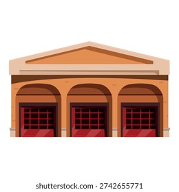 Classic firehouse building featuring three large red garage doors, arched entrances, and a pitched roof, ready for emergency response