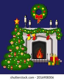 A classic fireplace with a Christmas tree with socks, a Christmas wreath, candles, gifts and garlands. Celebrating the New Year and Christmas. A variant of a poster, invitation cards and other.