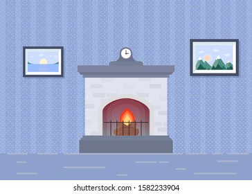 Classic fireplace with a clock in a comfortable atmosphere. Vector illustration.