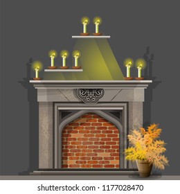 Classic fireplace in the frame of burning candles and with a houseplant in the foreground. Vector illustration