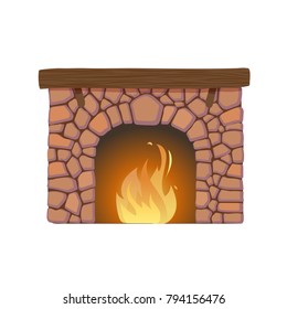 Classic Fireplace Made Of Colored Bricks, With A Natural Stone Inside And A Bright Burning Flame. Comfortable, Cozy, Warm, Home Fireplace. Warm Winter Christmas Interior Bonfire. Vector Illustration.