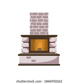 Chimenea clásica de ladrillos decorativos. Quemando fuego y madera dentro de la chimenea.
El elemento interior del salón y la decoración de la habitación. Ilustración vectorial.