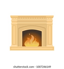Classic fireplace made of natural stone and gypsum, with a bright burning flame. Comfortable, cozy, warm, home fireplace. Warm winter christmas interior bonfire. Vector illustration.