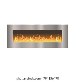 Classic fireplace made of natural stone and gypsum, with a metal oven, with a bright burning flame. Comfortable, cozy, warm, home fireplace. Warm winter interior bonfire. Vector illustration isolated.