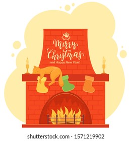 Classic fireplace made of red brick with decorations of socks for Christmas and a sleeping cat. Cartoon illustration with text Merry Christmas can be used for holiday design, cards, invitation, banner